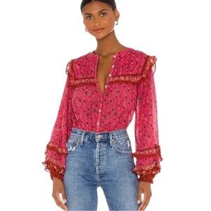Free People Pink Floral Ruffled Peasant Blouse